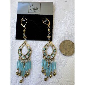 Nordstrom Sequin Pale Gold & Blue Beads Tassel Dangle Drop Earrings Teardrop NEW